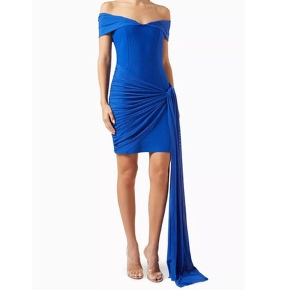 NEW Elliatt Rochelle Royal Blue Off-Shoulder Sash Draped Mini Gown Dress Small